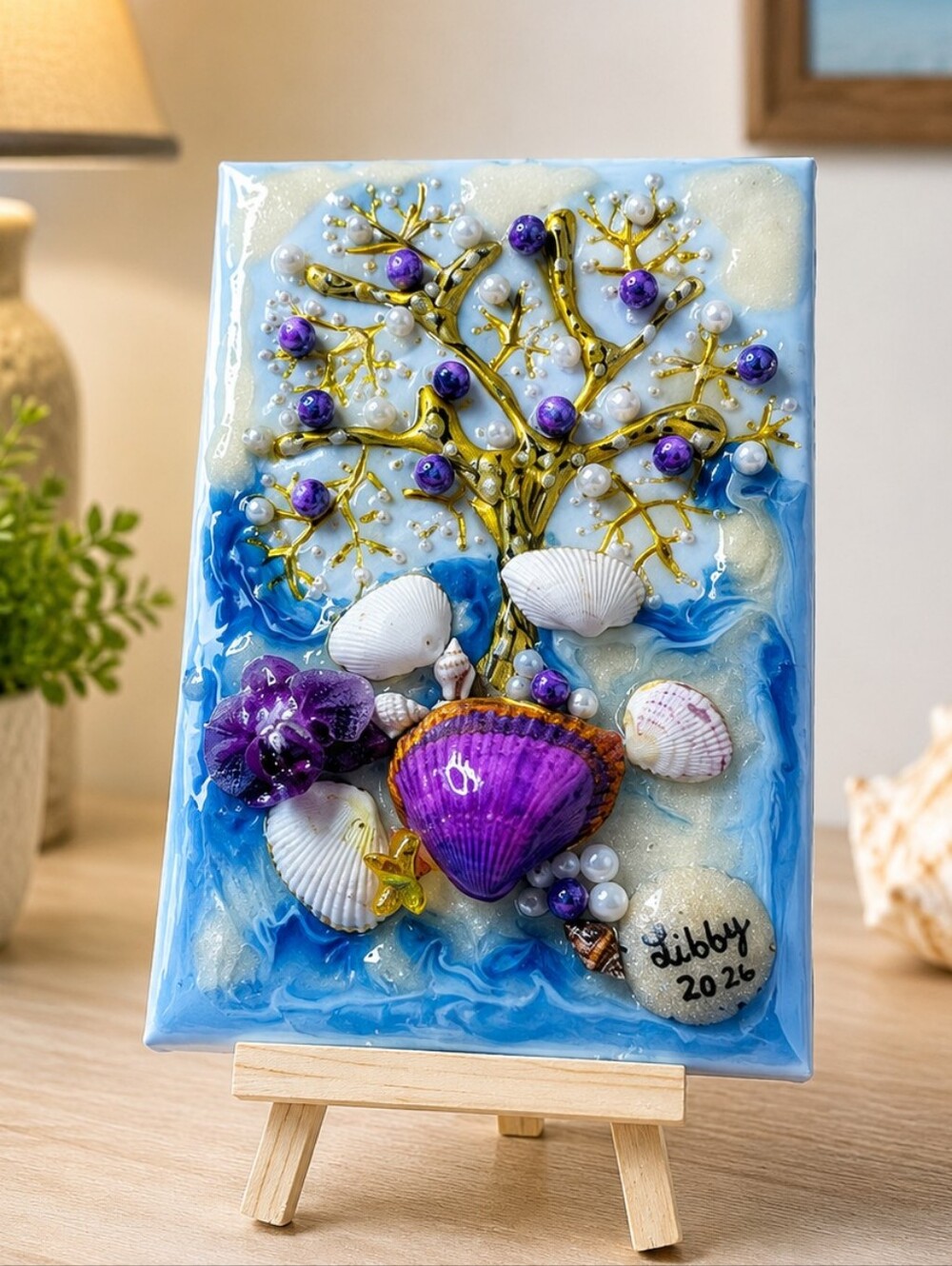 563 Coastal Mixed Media Canvas with Purple Florals Shells Orchid Resin